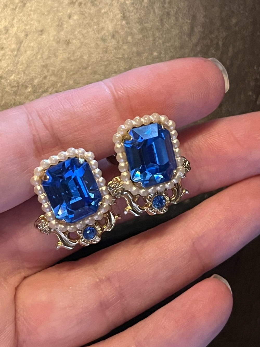Vintage Coro Blue Crystal and Pearl Statement Earrings Screw back